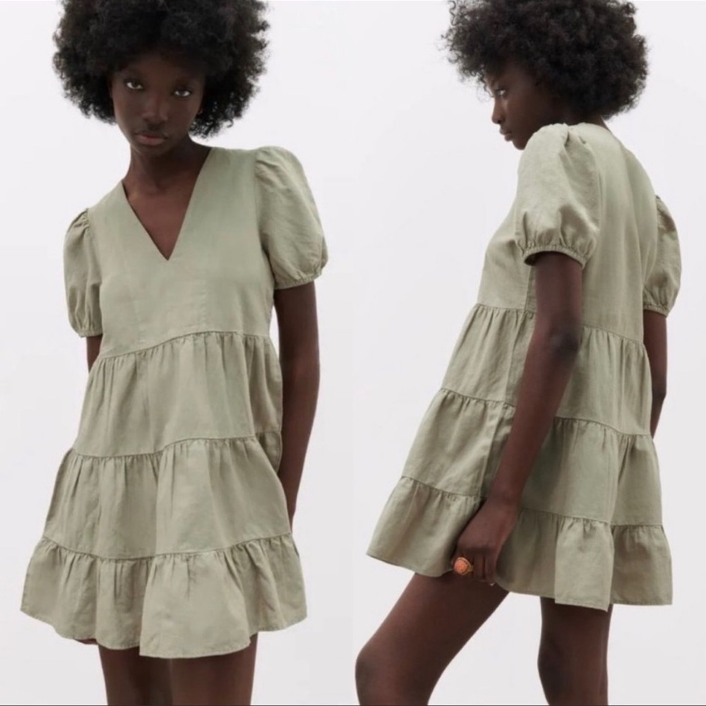 Zara Linen Blend Tiered Layered Green Mini Dress